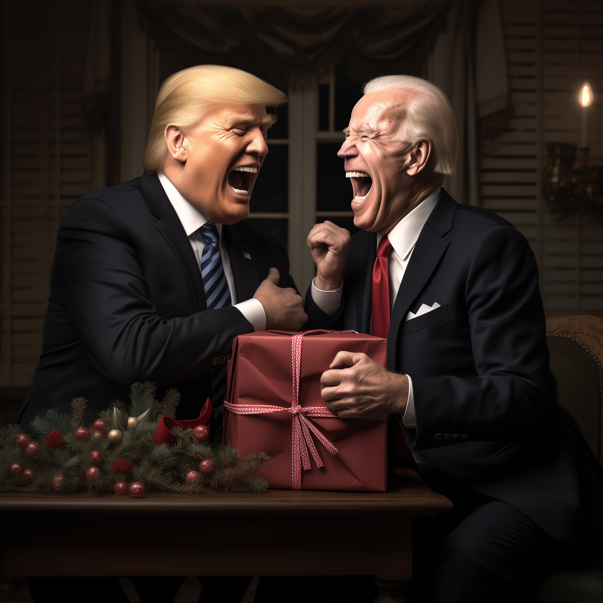 AI rendered image of Trump and Biden getting a gift with gaping mouths