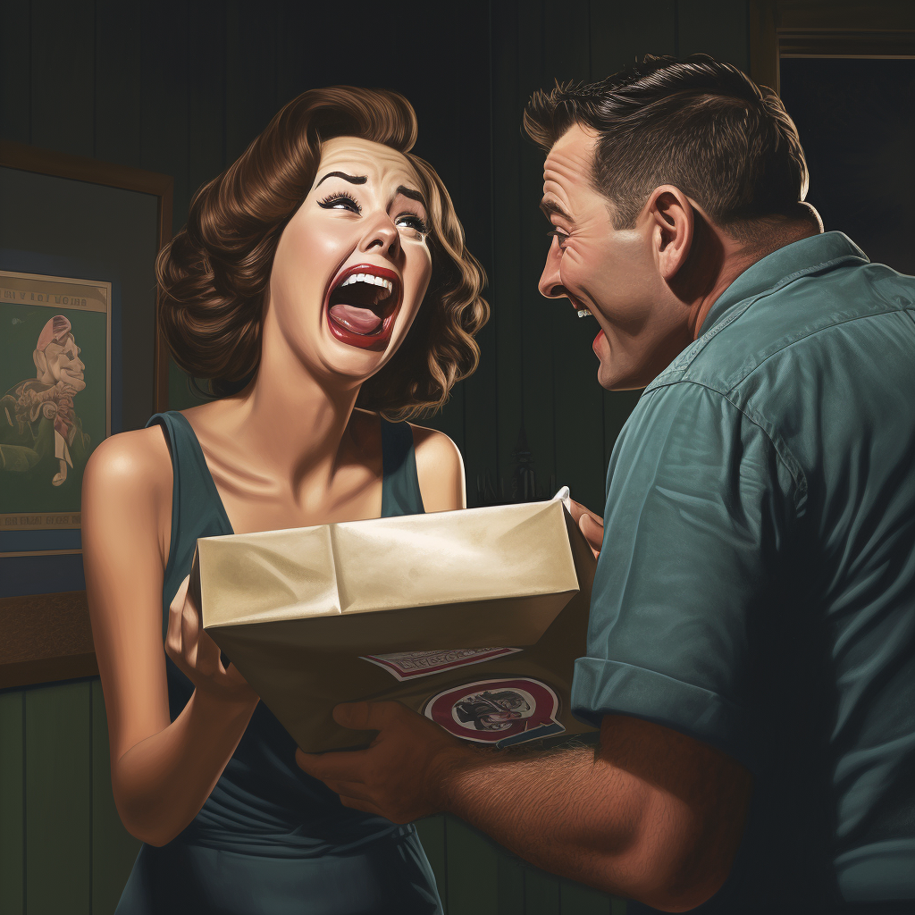 man giving woman a sealed package - she doesn't look happy
